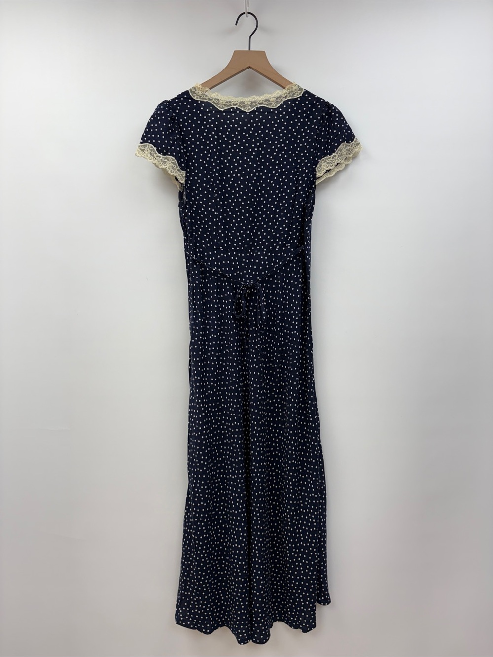 NWT Commense Polka Dot Lace Trim V-Neck Short Sleeve Sheath Dress Navy Medium - Picture 7 of 11